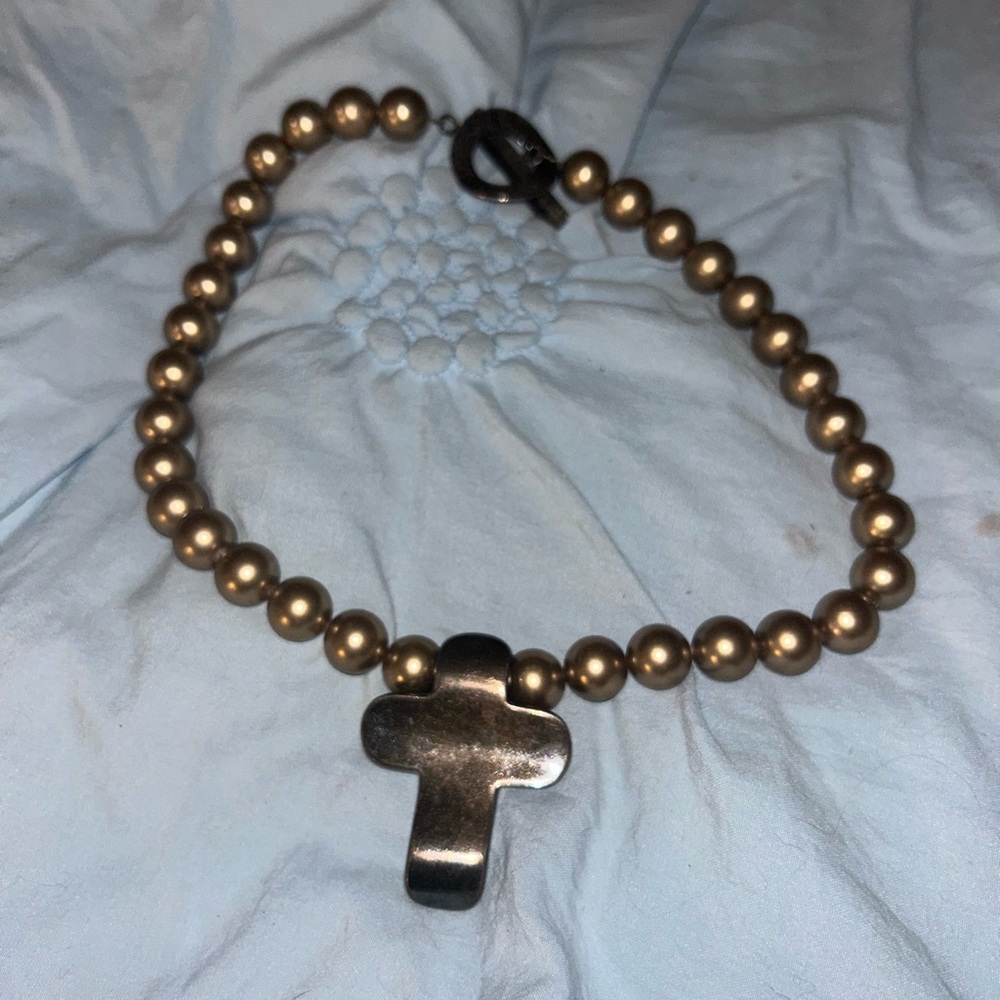 Gold Beaded Necklace with Cross Pendant